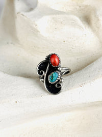Vintage Navajo Sterling, Turquoise & Coral Ring