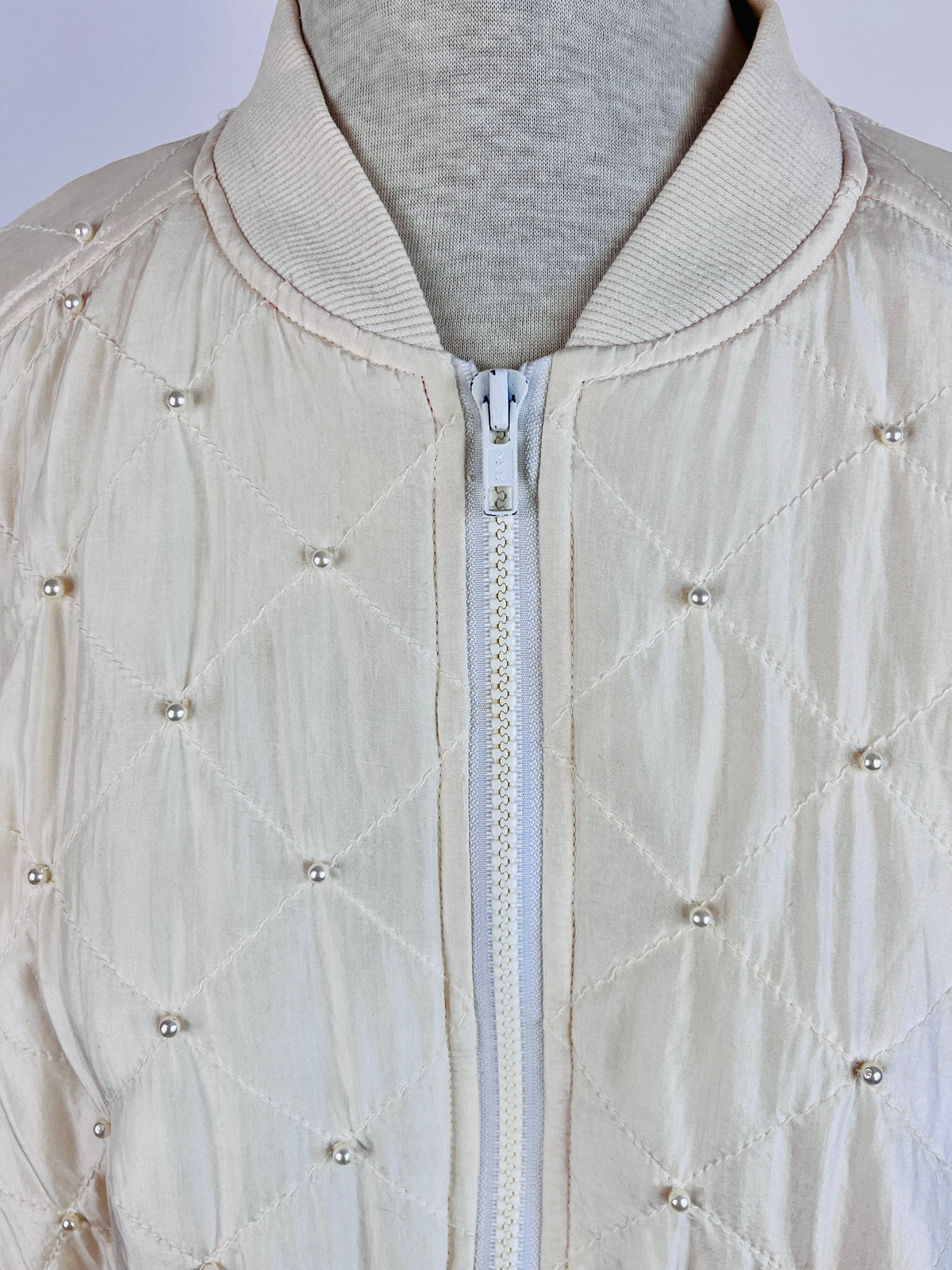 Vintage Silk & Faux Pearl Quilted Bomber Jacket