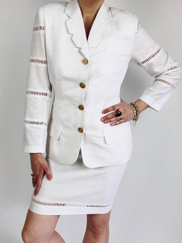 Vintage 90s White Linen Blazer & Skirt Set by Apart