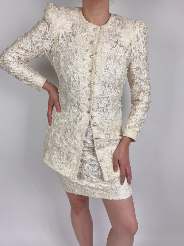 Vintage White Lace & Faux Pearl Top & Skirt Set