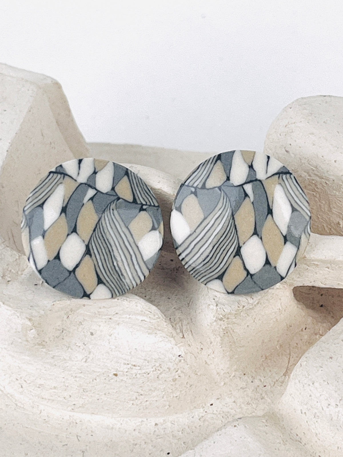 Vintage Nerikomi Porcelain Earrings - Grey & Tan