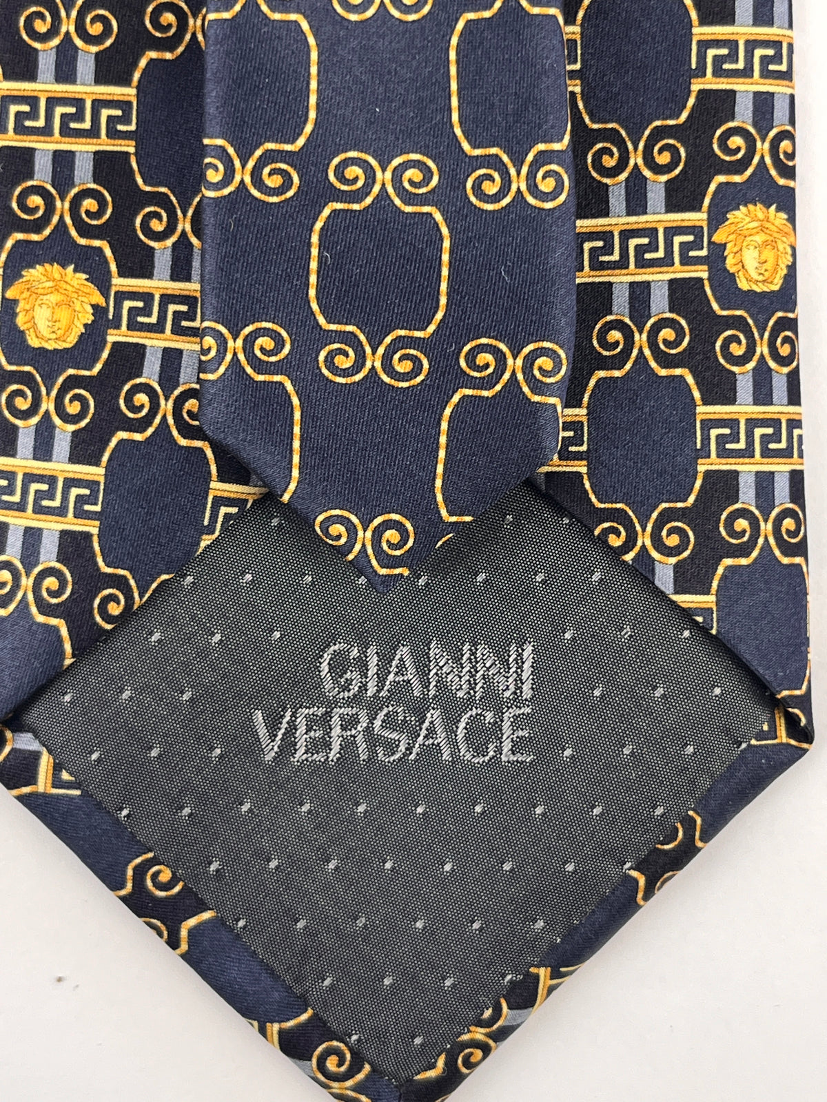 Gianni Versace Vintage 90s Silk Tie, Medusa, Greek Key, Scroll Design