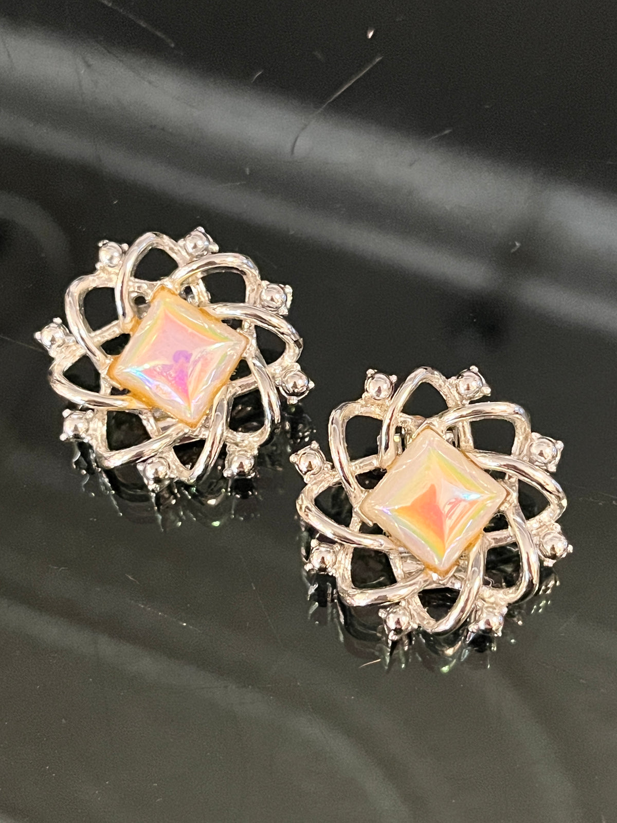 Silver Tone Faux Opal Clip-On Earrings