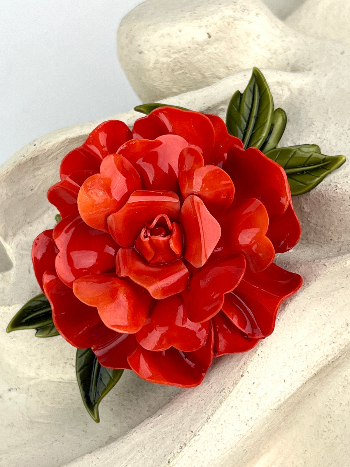 Vintage Red Celluloid Rose Brooch