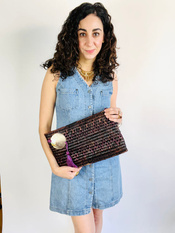 Vintage Woven Wicker and Shell Oversized Clutch