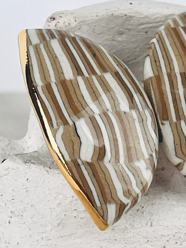 Vintage Nerikomi Porcelain Earrings - Tan & White