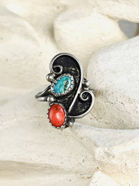Vintage Navajo Sterling, Turquoise & Coral Ring