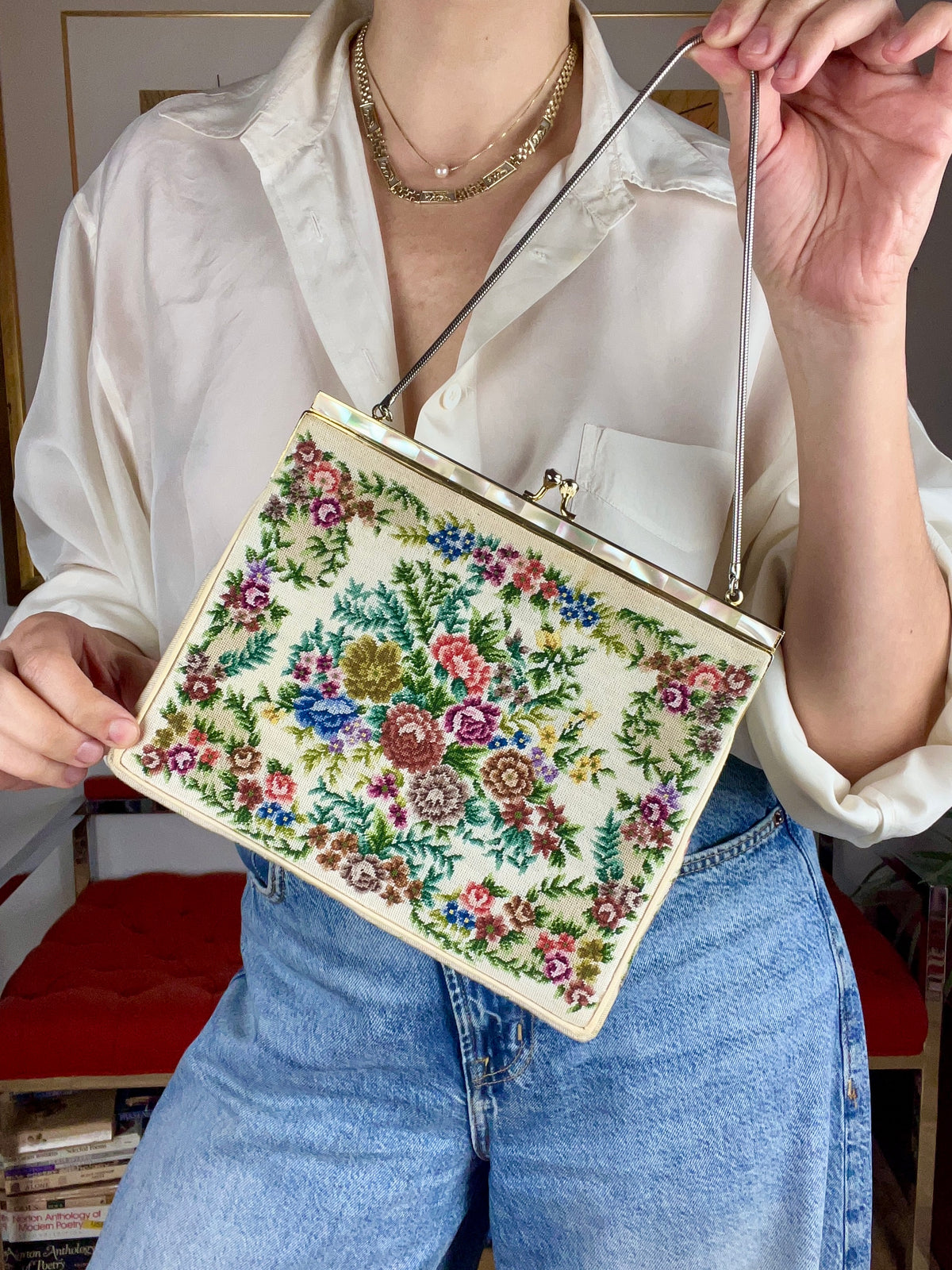 Vintage Petit Point & Mother of Pearl Handbag