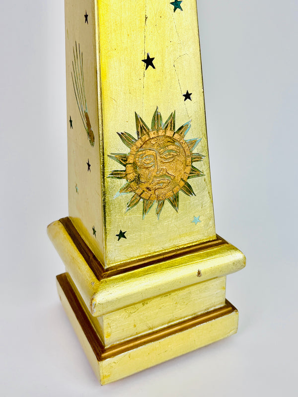 Vintage Celestial Gold Carved Wood Obelisk