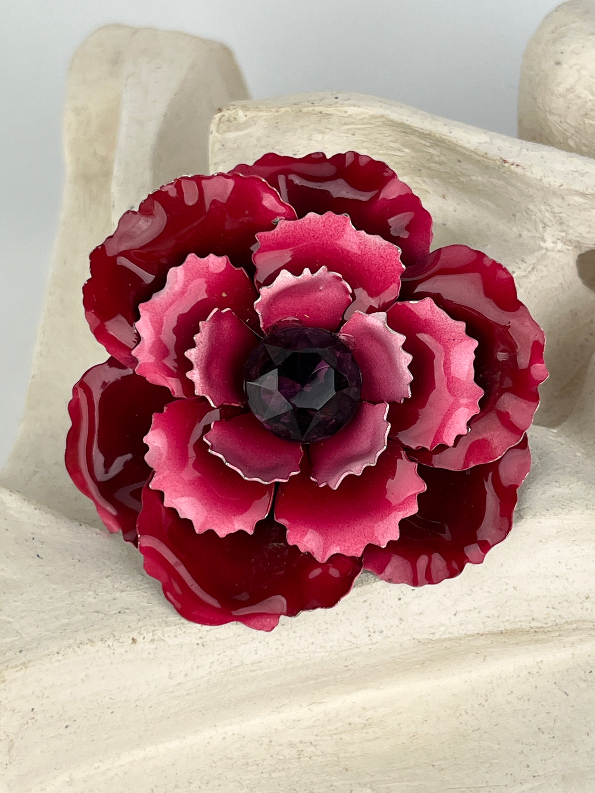 Vintage Enameled Metal Rose Brooch