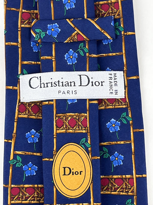 Christian Dior Vintage 90s Silk Tie, Flower and Bamboo Design