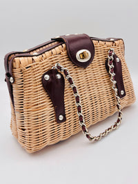 Vintage Woven Wicker and Leather Bag