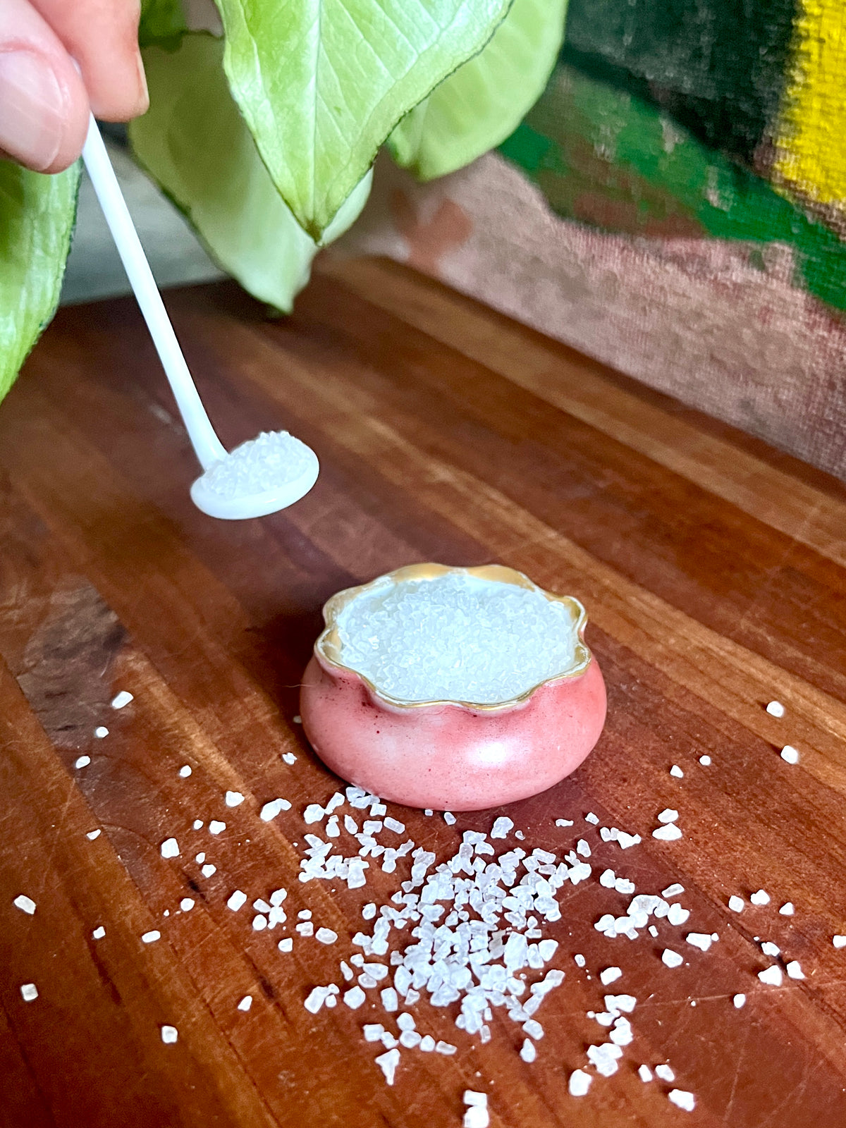 Vintage Porcelain Salt Server & Spoon - Rose