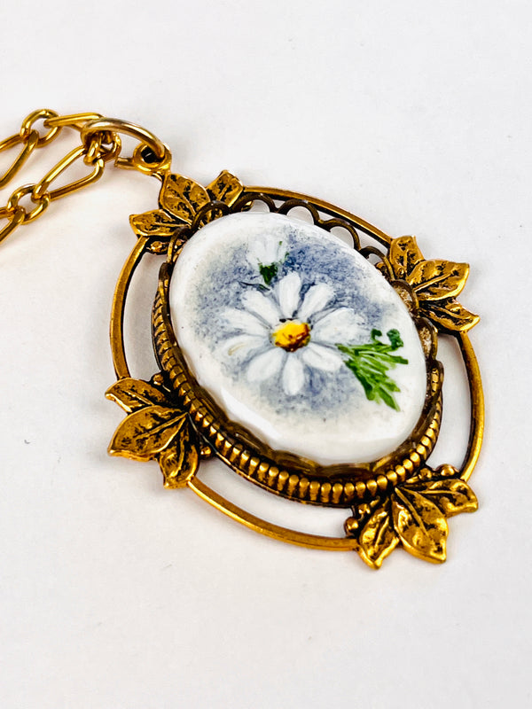 Vintage Hand-Painted Floral Cameo Necklace