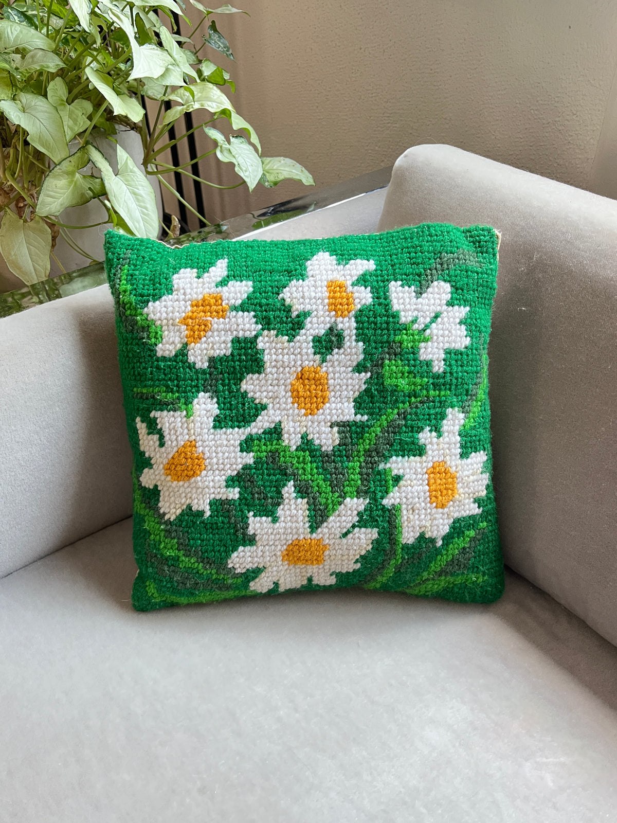 Vintage Needlepoint Daisy Pillow