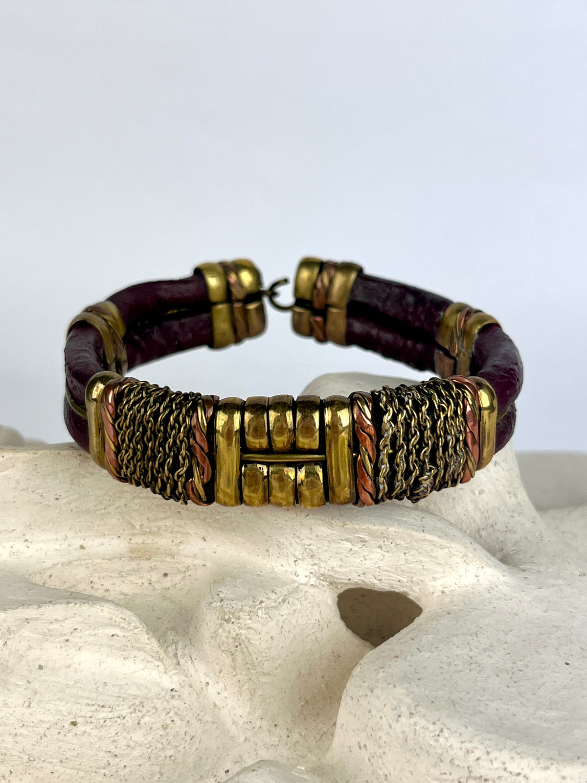 Vintage Leather, Brass & Copper Bracelet - Oxblood
