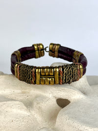 Vintage Leather, Brass & Copper Bracelet - Oxblood