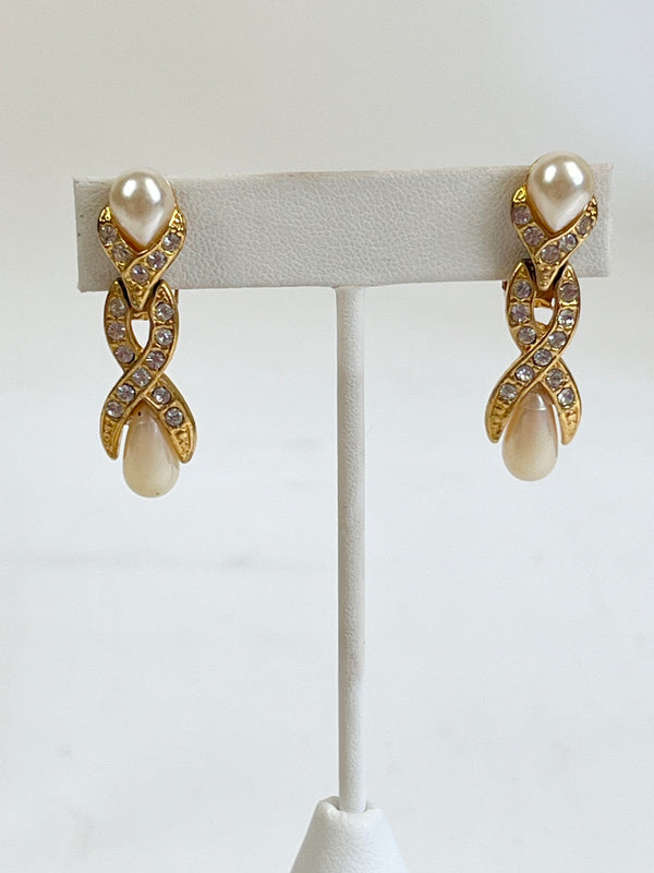 Vintage Faux Pearl & Rhinestone Twist Earrings