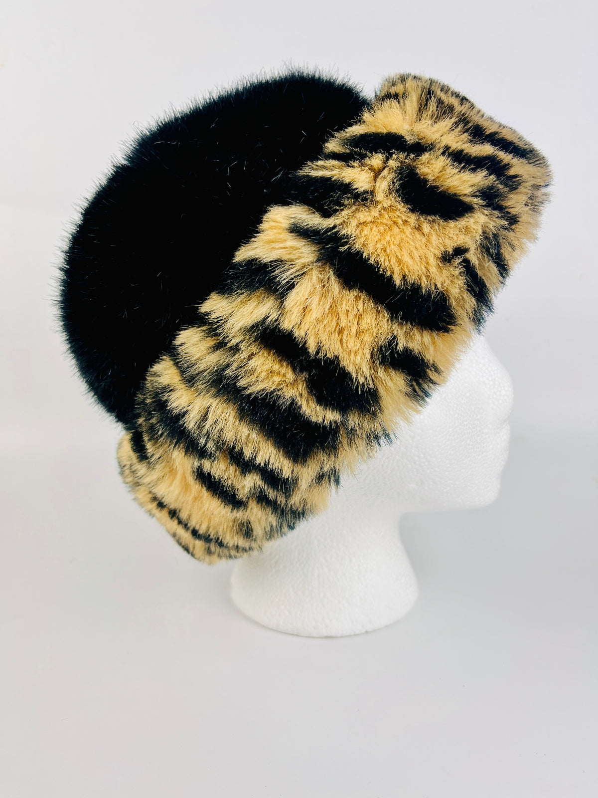 Vintage Black & Leopard Faux Fur Hat