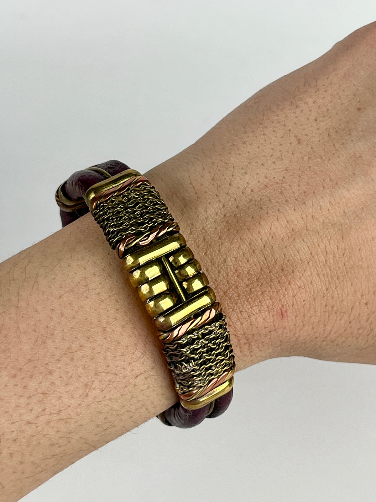 Vintage Leather, Brass & Copper Bracelet - Oxblood