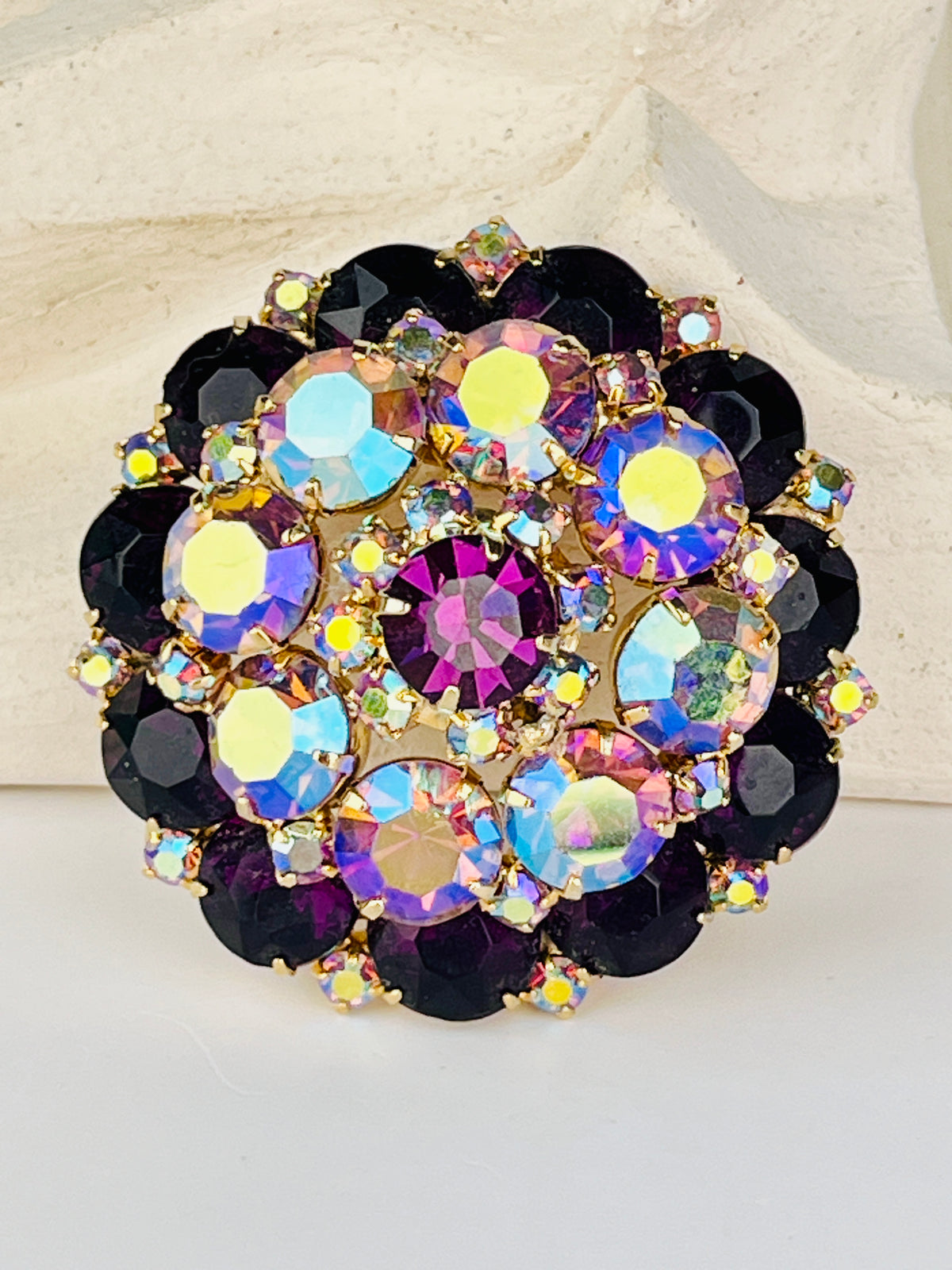 Vintage 1950s Purple and Iridescent Rhinestone Brooch