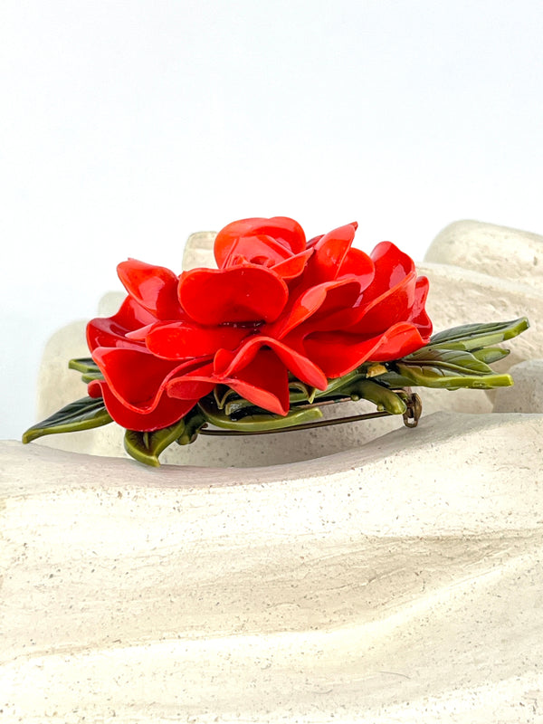 Vintage Red Celluloid Rose Brooch