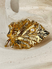 Vintage Gold-Plated Leaf Brooch with Genuine Pearl