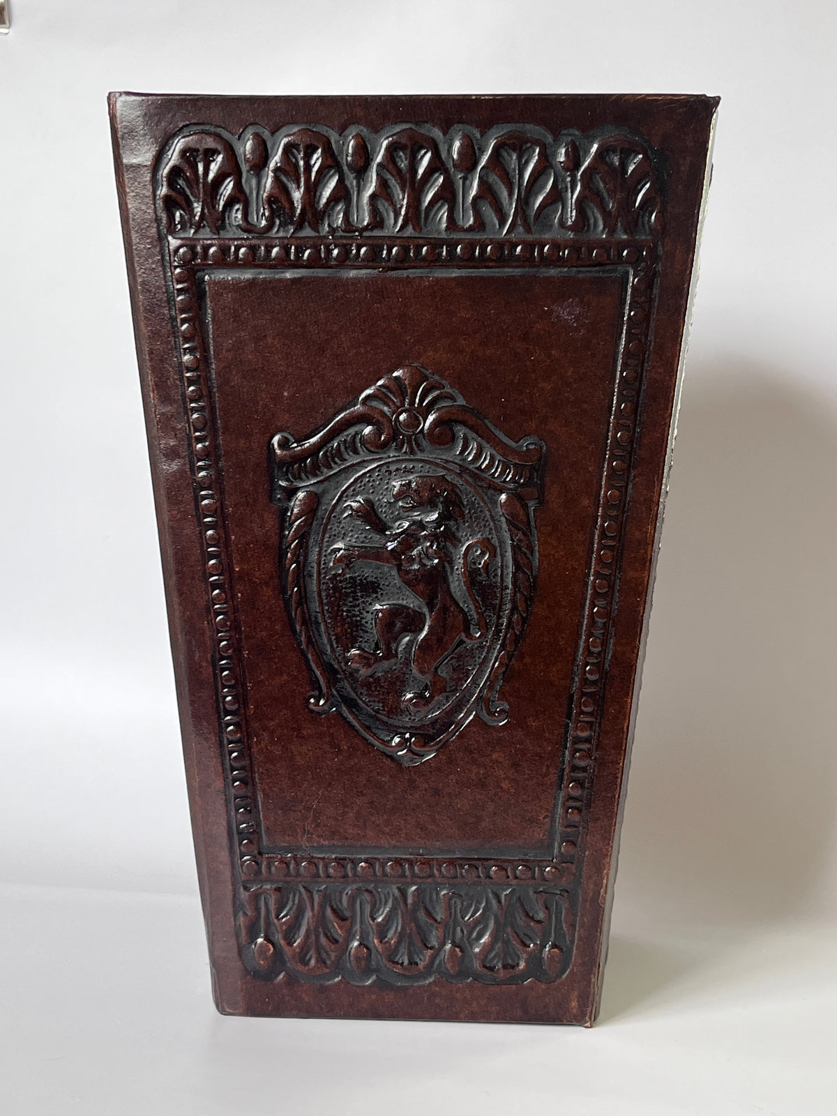 Vintage Florentine Leather Waste Basket - Dark Brown