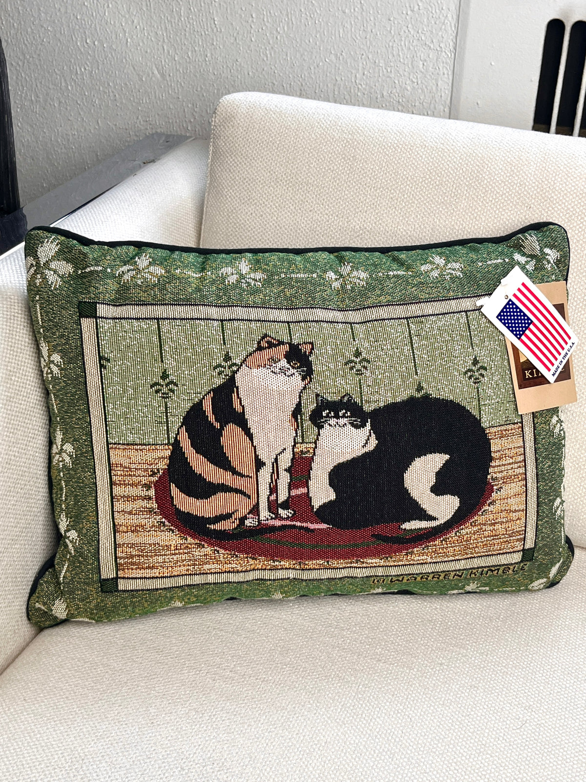 Vintage Cat Needlework Throw Pillow by Warren Kimble