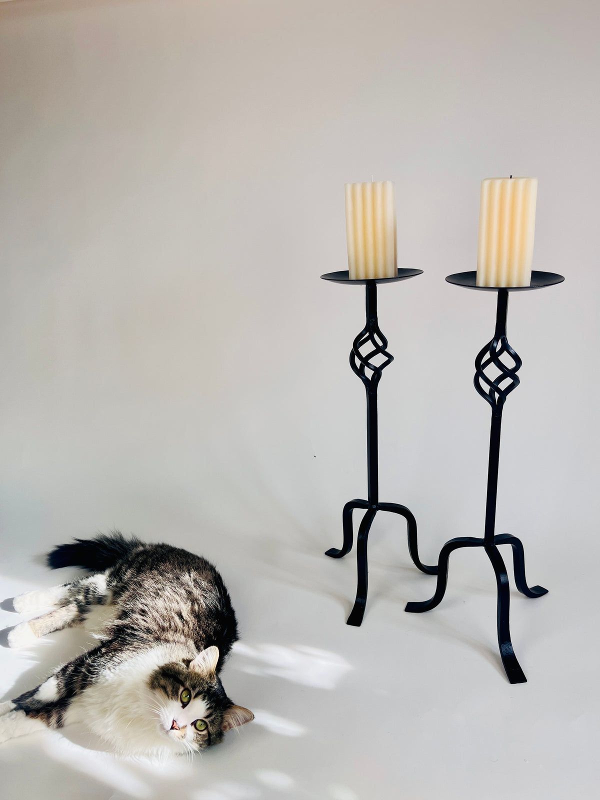 Vintage Wrought Iron Candle Holders & Snuffer, 3pc Set