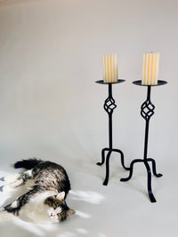 Vintage Wrought Iron Candle Holders & Snuffer, 3pc Set