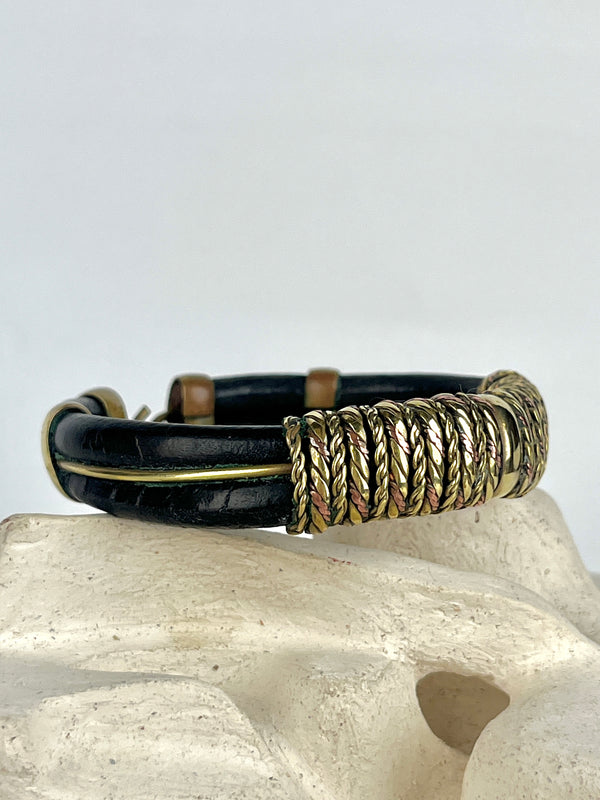 Vintage Leather, Brass & Copper Bracelet - Dark Brown