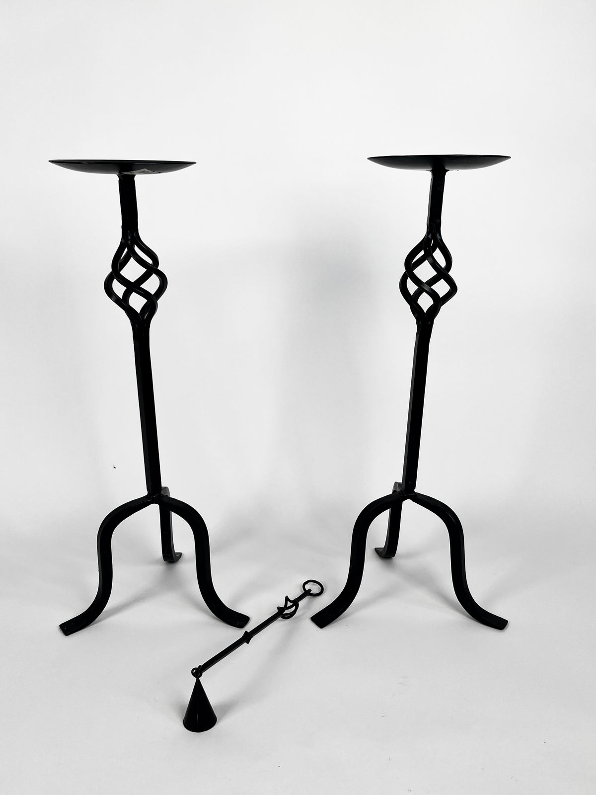 Vintage Wrought Iron Candle Holders & Snuffer, 3pc Set