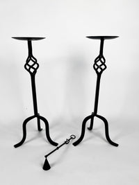 Vintage Wrought Iron Candle Holders & Snuffer, 3pc Set