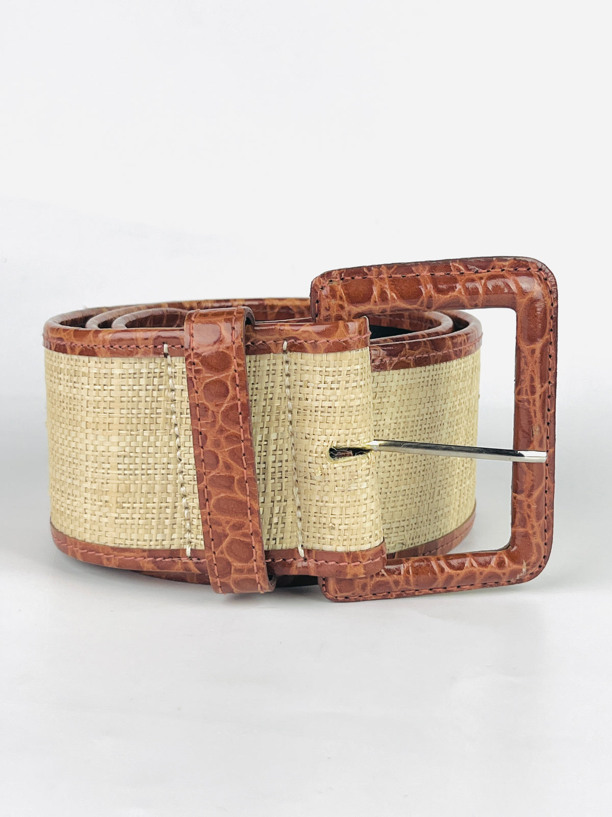 Vintage Leather & Woven Raffia Belt