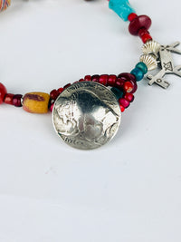 Vintage Buffalo Nickel, Sterling Charms, and Trade Beads Bracelet