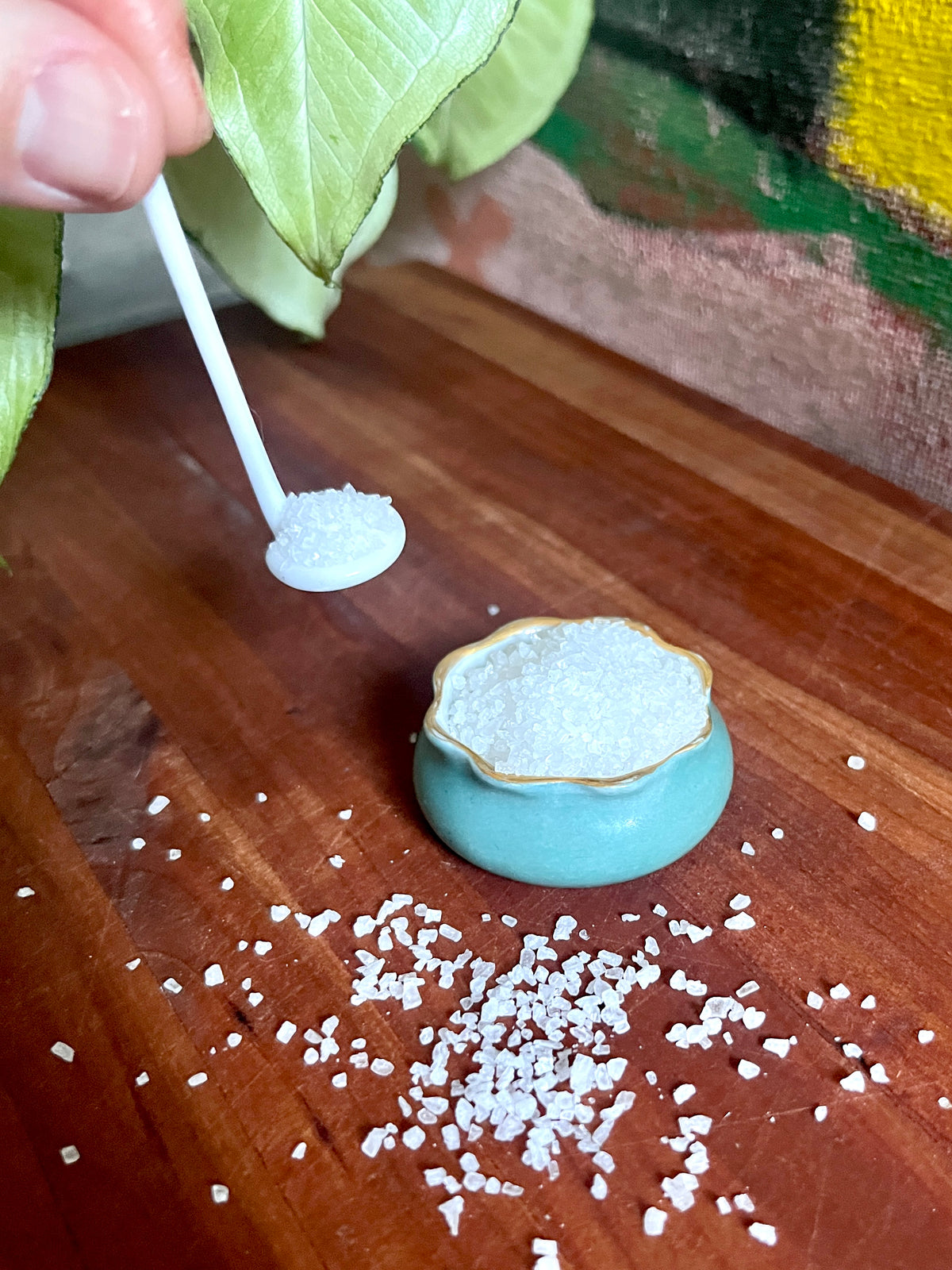 Vintage Porcelain Salt Server & Spoon - Blue