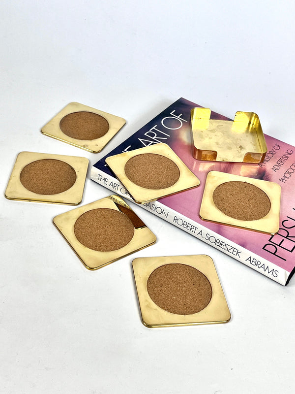 Vintage Brass & Cork Coaster Set