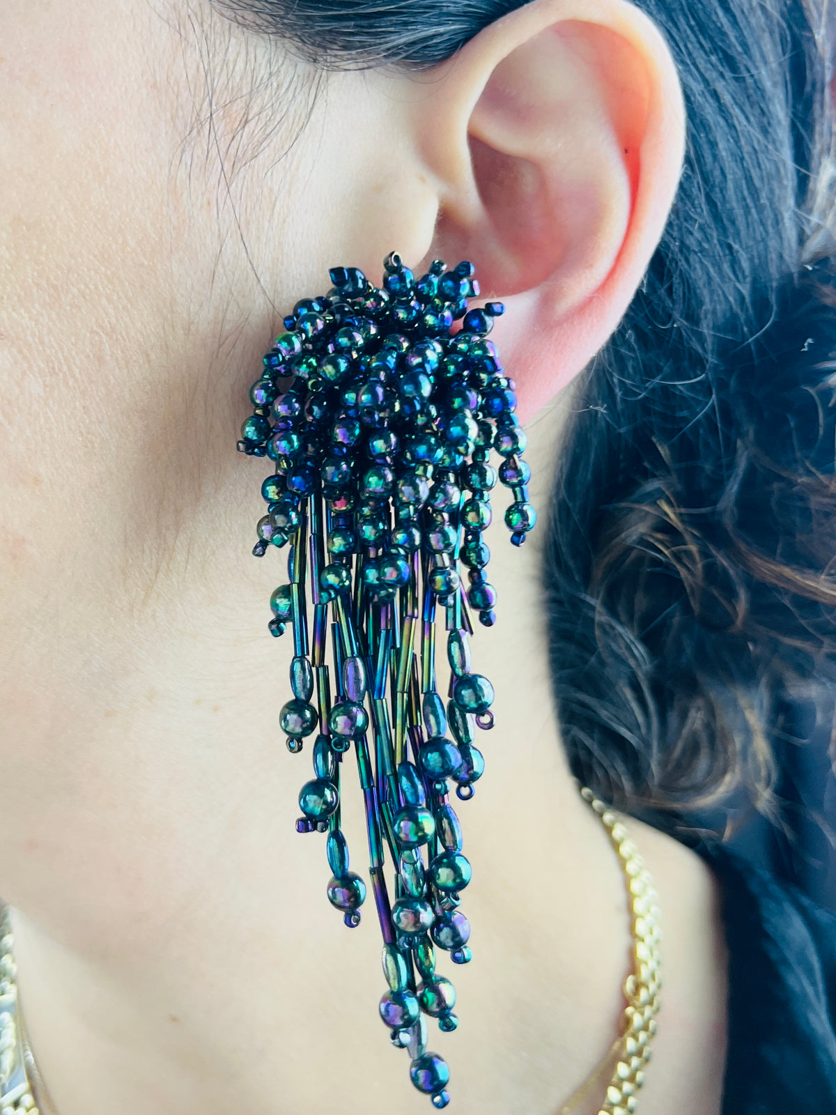 Vintage Black Iridescent Bead Earrings