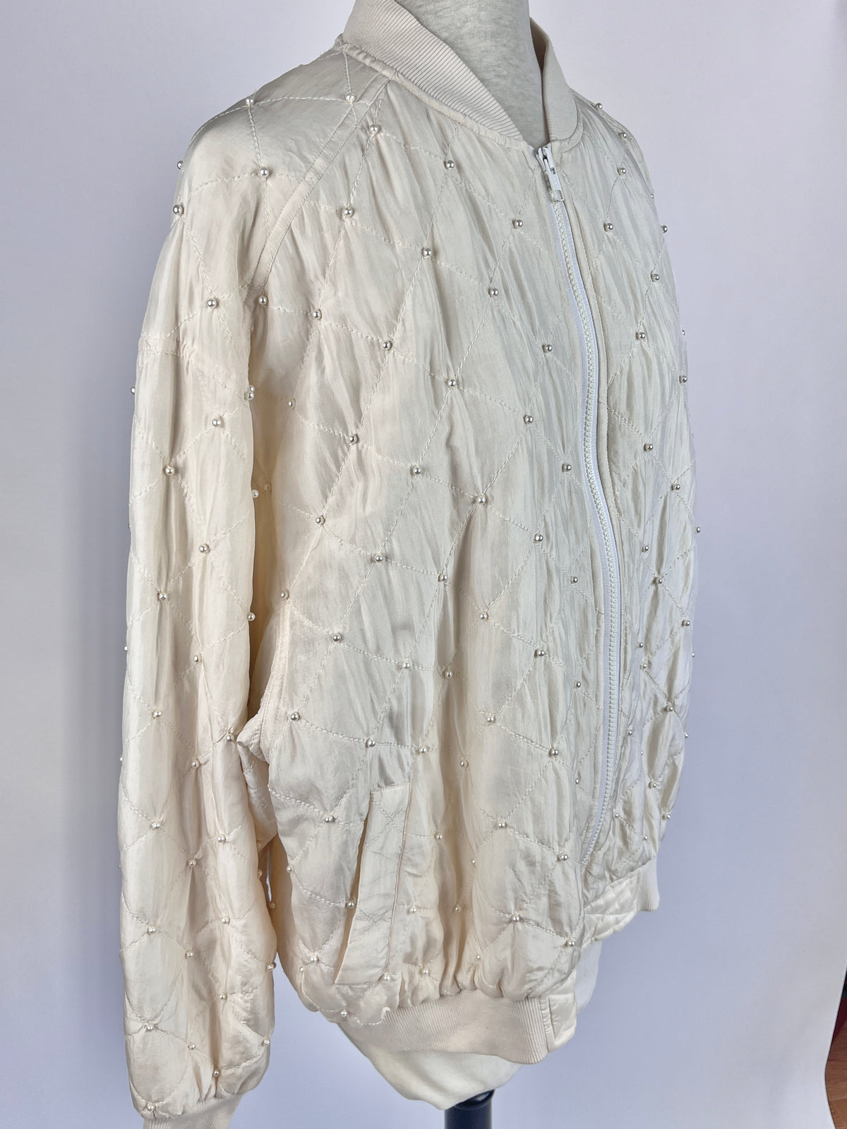 Vintage Silk & Faux Pearl Quilted Bomber Jacket