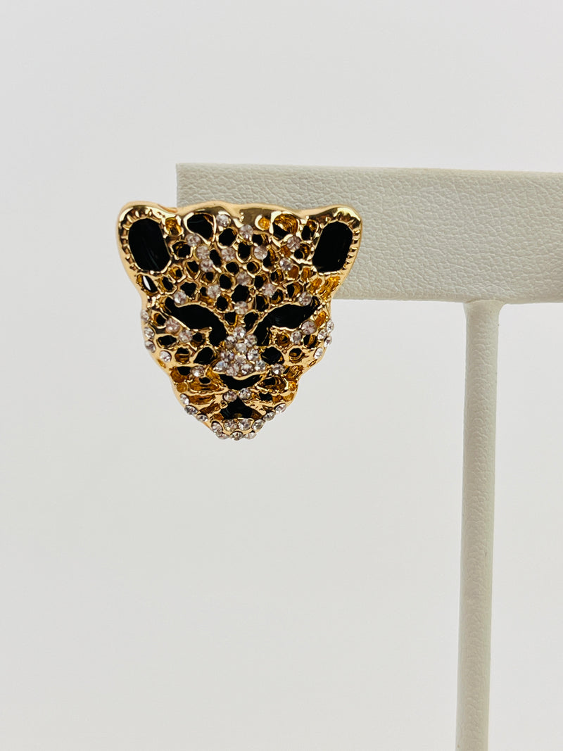 Vintage Rhinestone Leopard Head Earrings