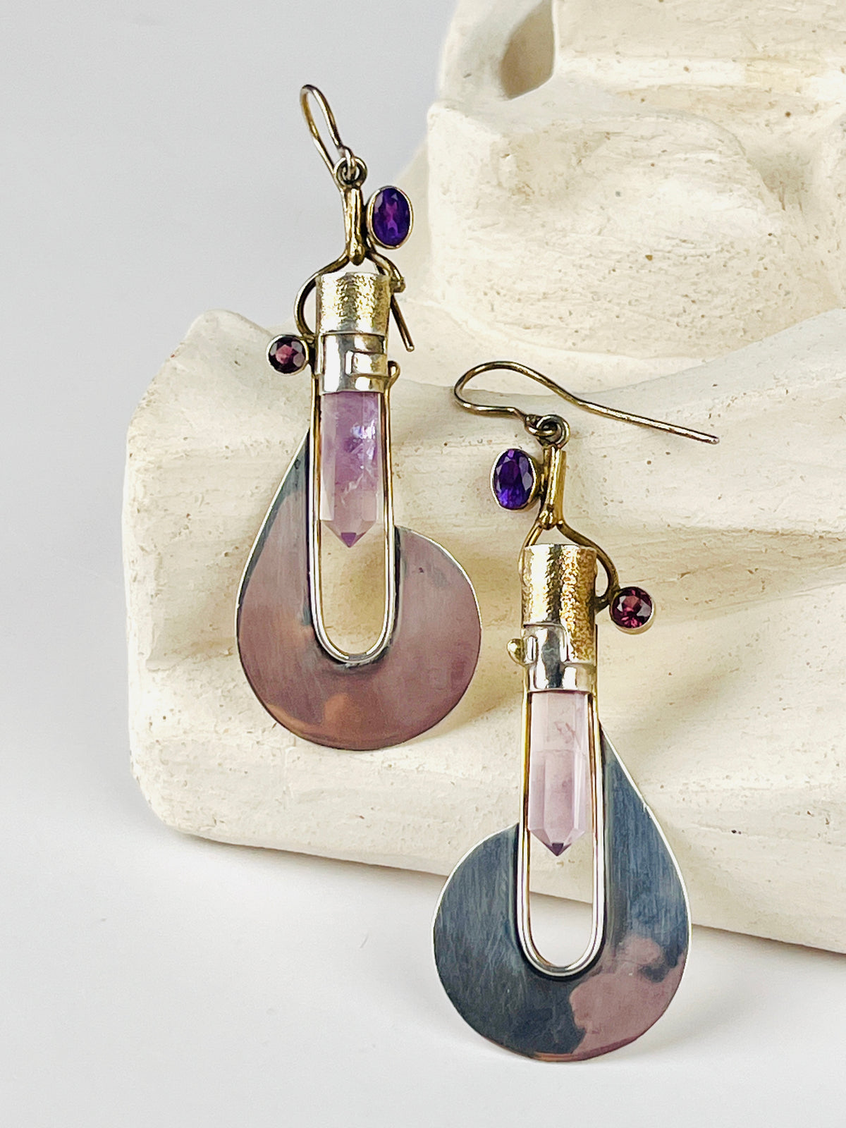 Vintage Modernist Gold Vermeil, Sterling & Gemstone Earrings by Michou