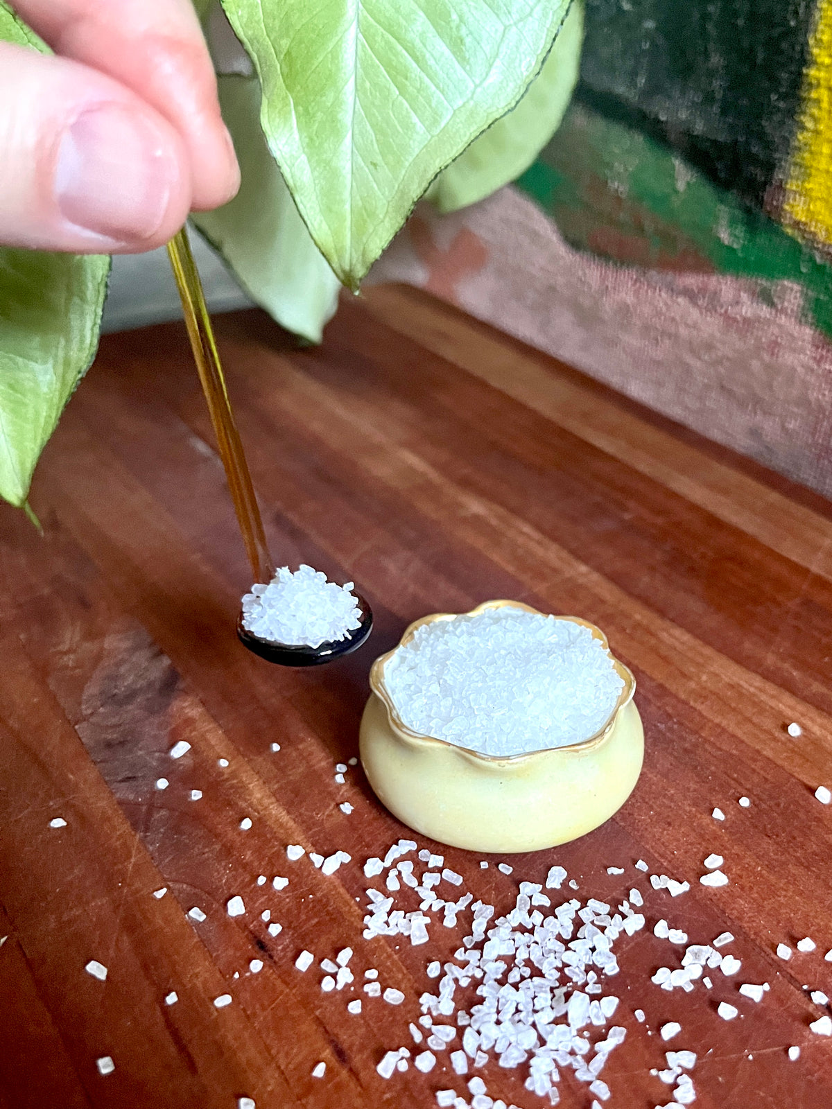 Vintage Porcelain Salt Server & Spoon - Pale Yellow