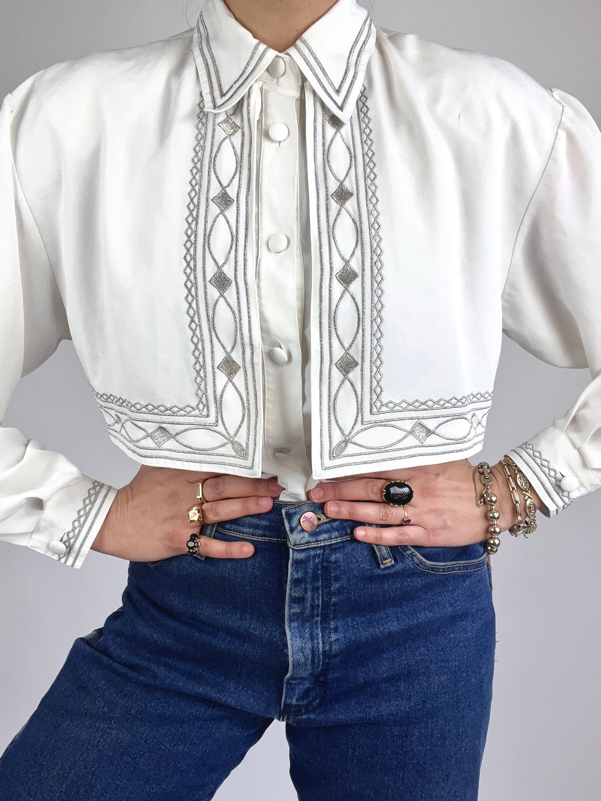 Vintage Silver & White Embroidered Blouse