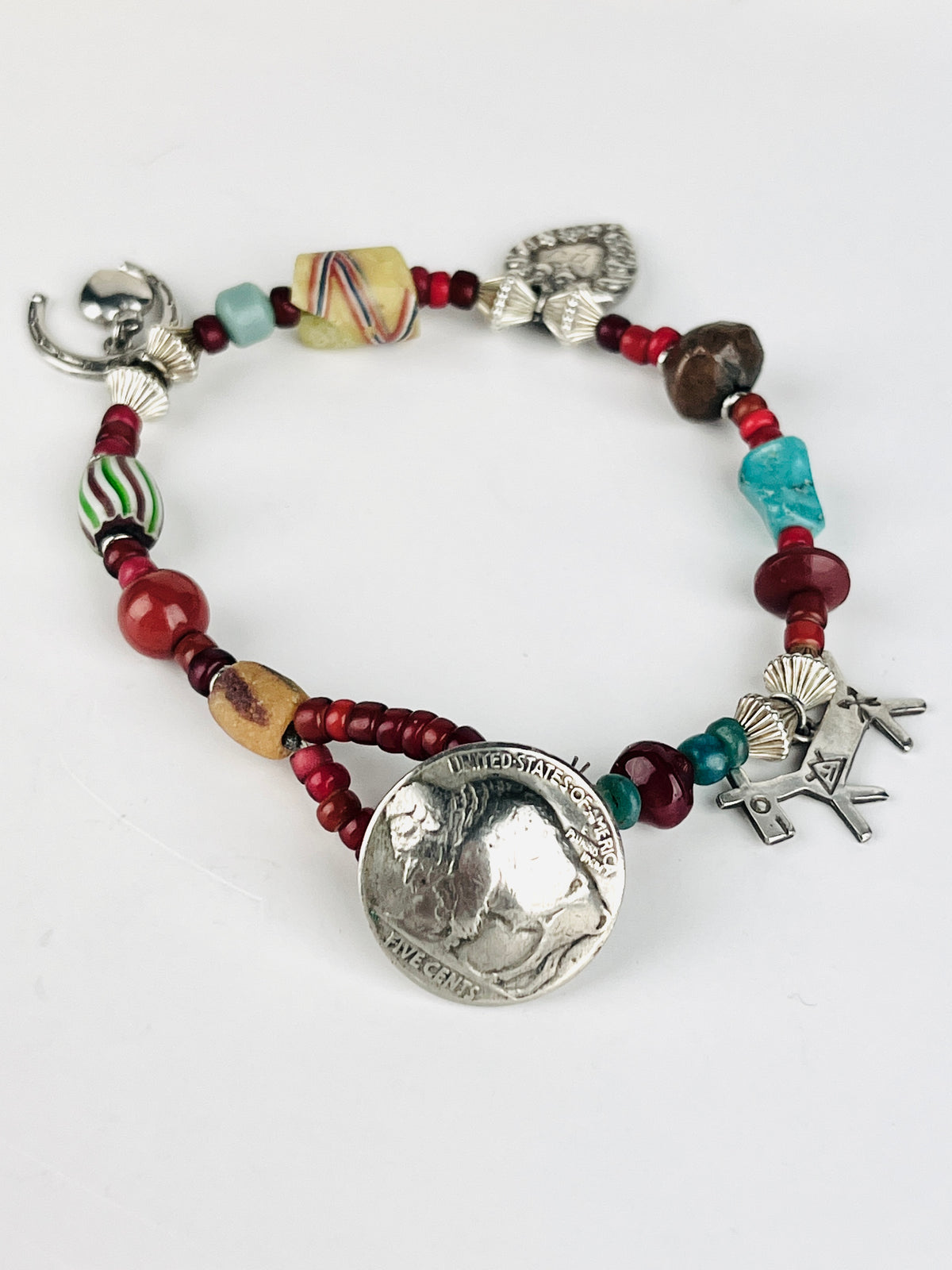Vintage Buffalo Nickel, Sterling Charms, and Trade Beads Bracelet
