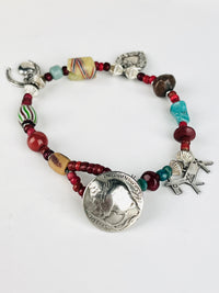Vintage Buffalo Nickel, Sterling Charms, and Trade Beads Bracelet