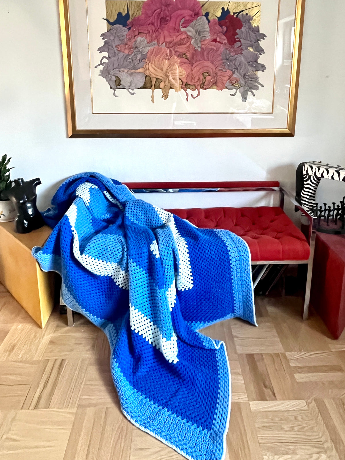 Vintage Monochromatic Blue Crochet Blanket