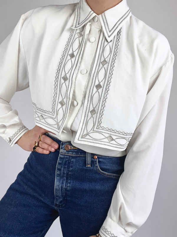 Vintage Silver & White Embroidered Blouse