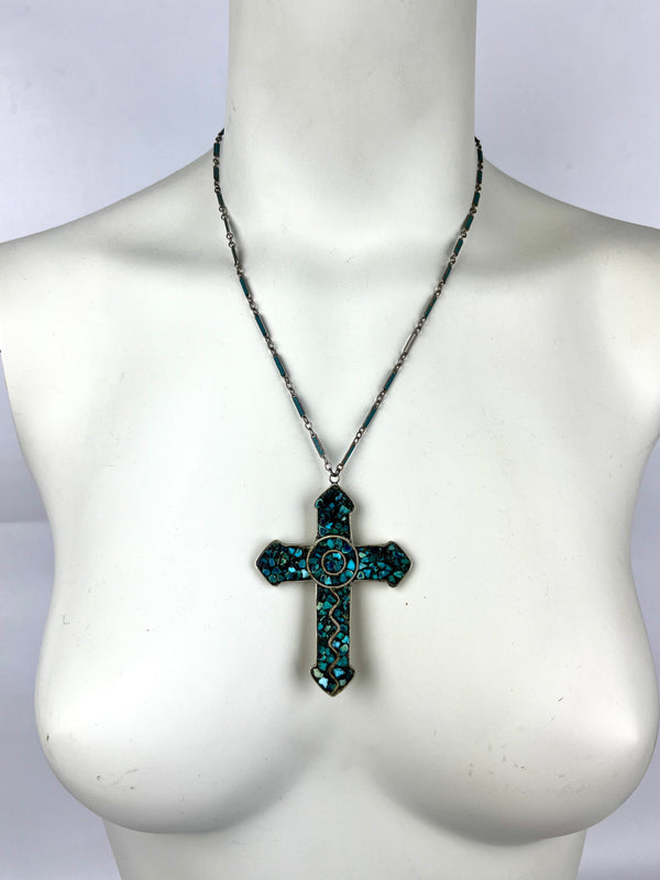 Vintage 1970s Turquoise Cross Necklace