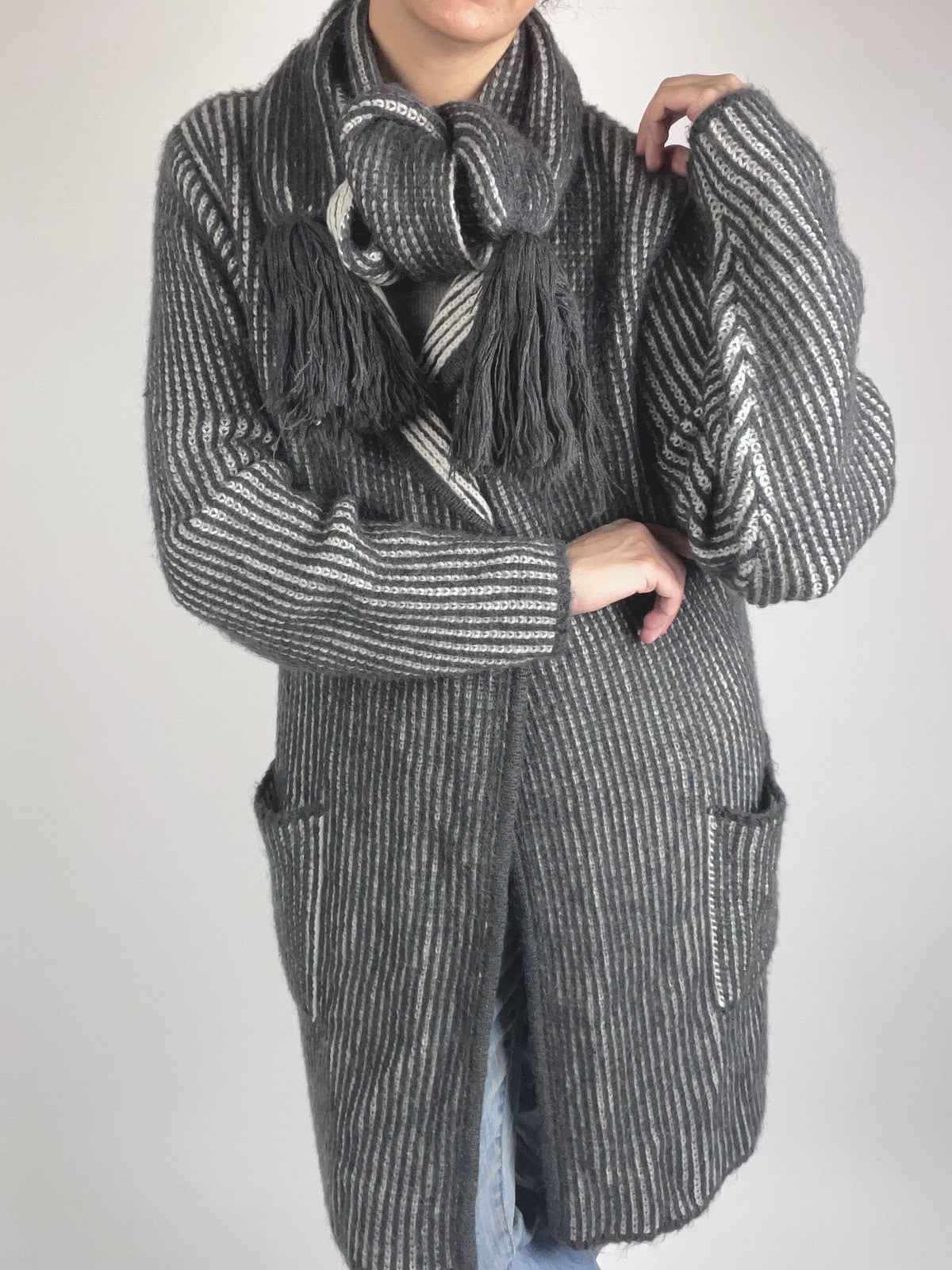 Vintage Gray & White Striped Duster Sweater/Jacket
